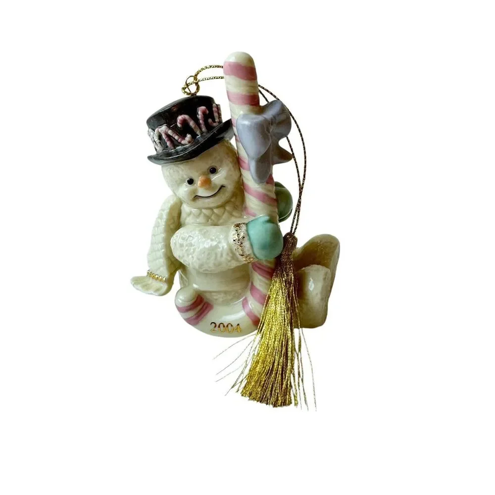 Vintage 2004 Lenox Ivory China‎ 24K Gold Christmas Snowman Ornament Candy Cane